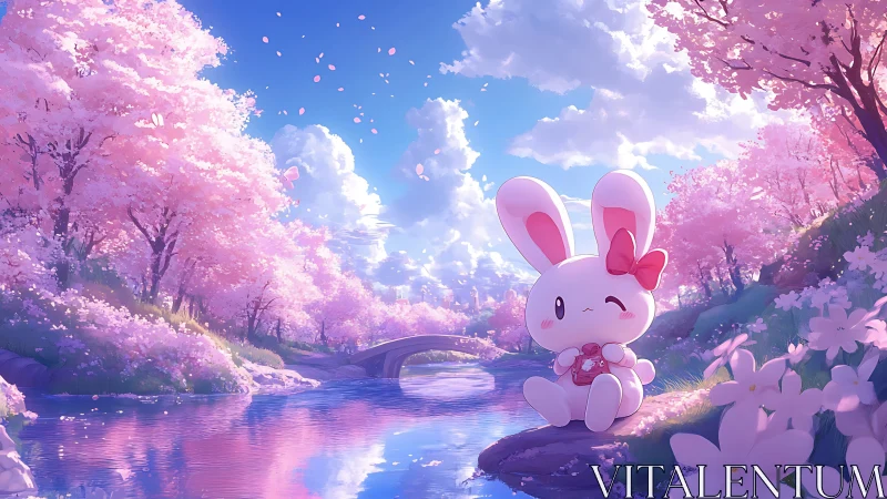 Cartoon rabbit beside river under pink blossom trees.