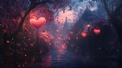 Glowing hearts floating through misty forest scene