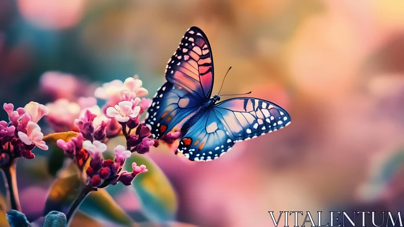 Blue butterfly on pink blossoms in soft bokeh garden.