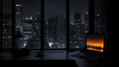 Midnight office window framing neon city dreams in shadow.