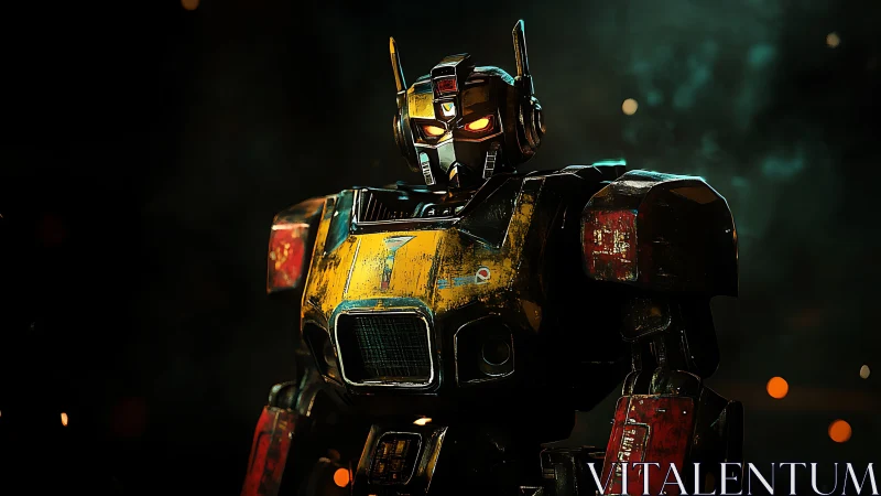 Weathered armored robot in dim atmospheric lighting.