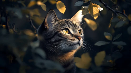 Tabby Cat with Golden Eyes Among Autumn Foliage