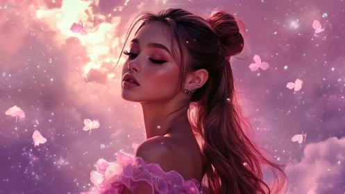 Softly glowing dreamer drifts among pink celestial butterflies
