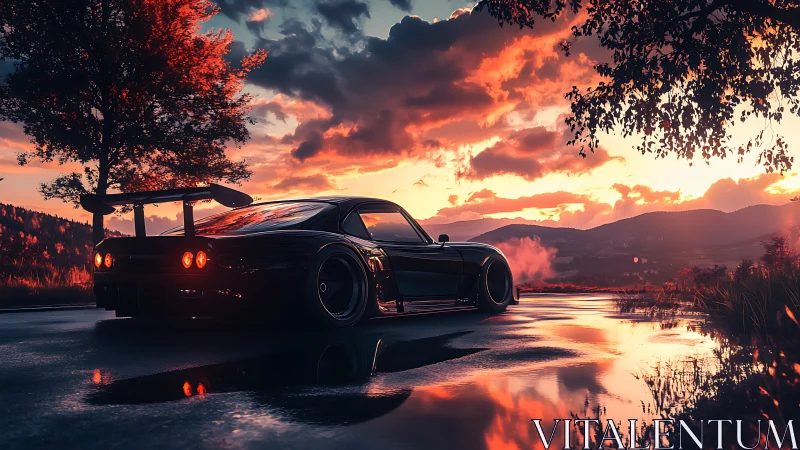 Sunset drift road where sleek night racer meets fire sky.