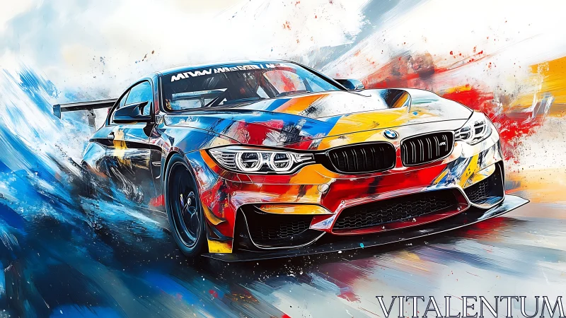 BMW race car in bold abstract motion color artwork.