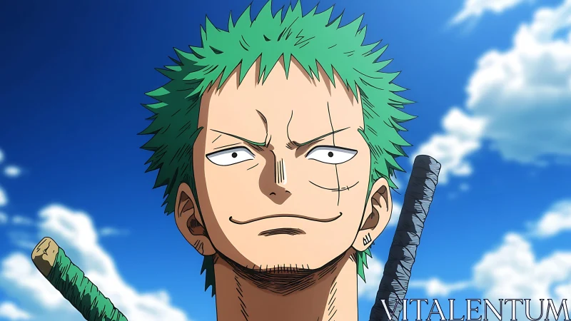 Green haired anime swordsman glares under bright sky.