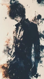 Ink-splashed anime portrait with abstract negative space forms.