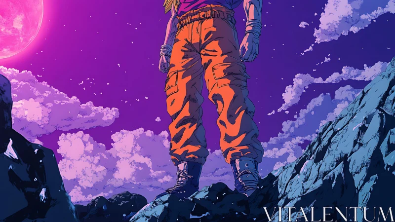 Anime warrior on rocky cliff under vivid purple sky.