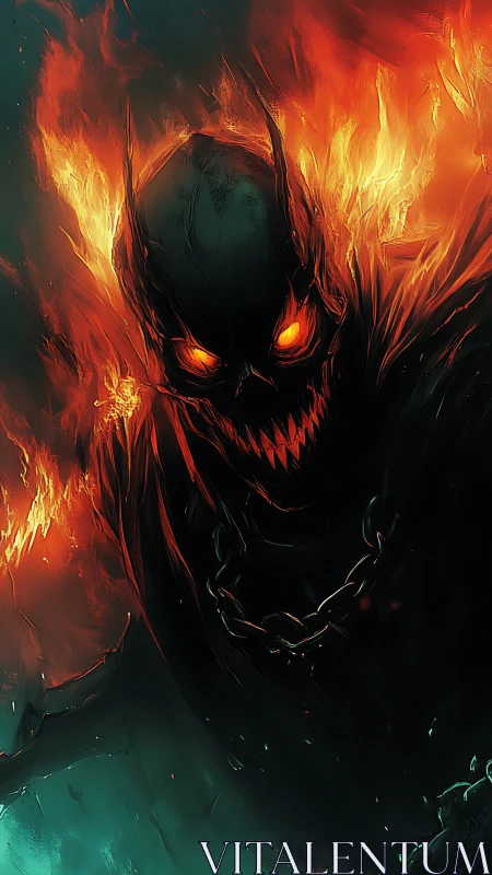 Infernal skull wreathed in emerald shadows and flame.