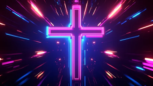 Neon cross glowing in futuristic radial light burst.