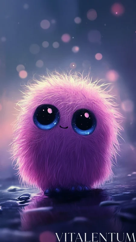 Pink furry digital creature stands on wet reflective surface