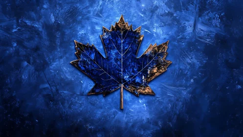 Blue metallic maple leaf over textured cobalt background.