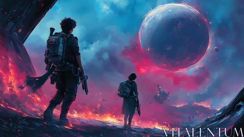 Stargazing explorers under a glowing alien sky together.