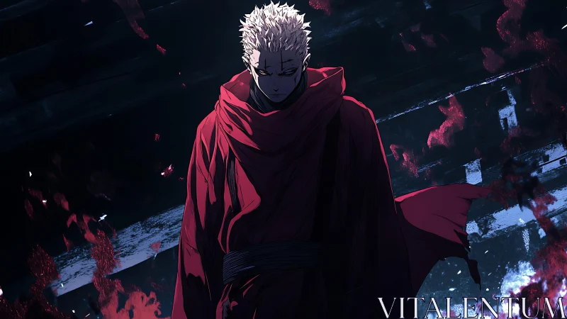 White haired figure in red cloak stands in dark burning space