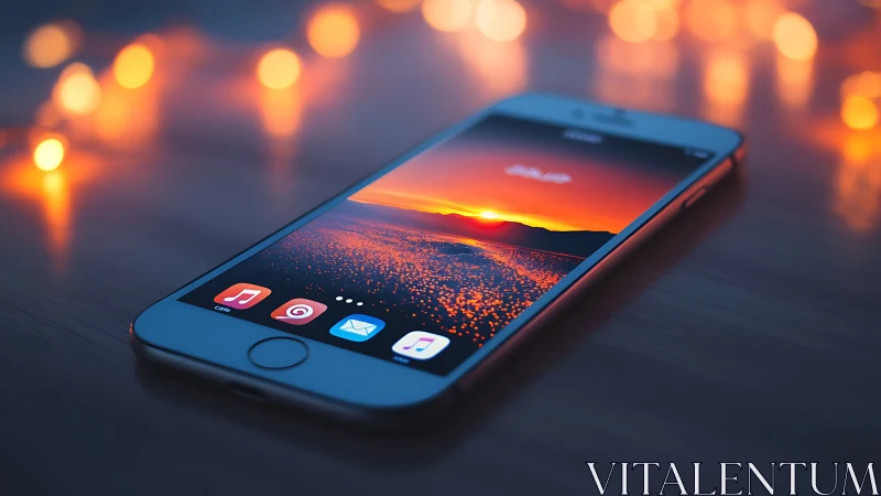 Smartphone Displays Sunset Over Shimmering Ocean at Dusk.
