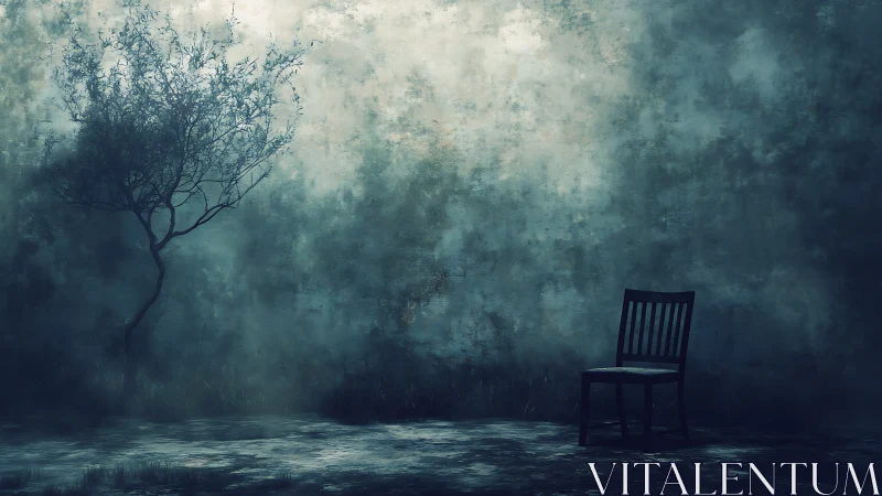 Quiet meeting of tree and chair in a misty blue corner.