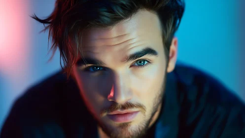 Close-up male portrait under blue and pink studio lighting.