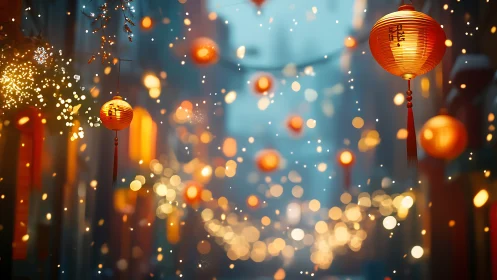 Lantern-lit alley drifts through snowfall and soft bokeh magic.