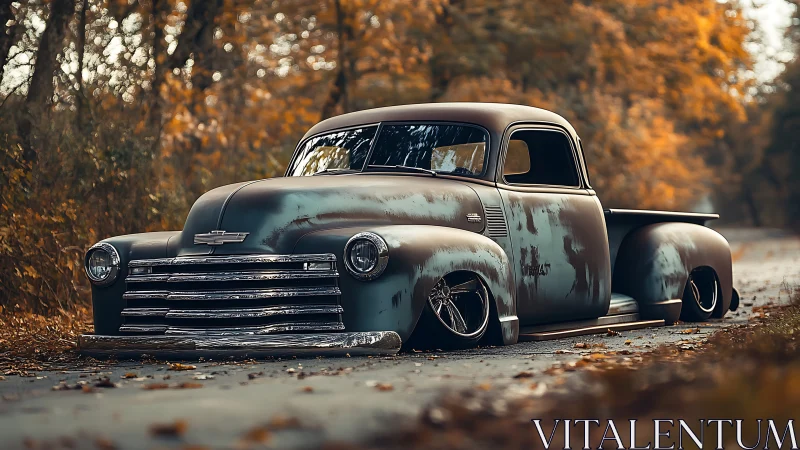 Lowered vintage pickup truck parked on forest road in autumn