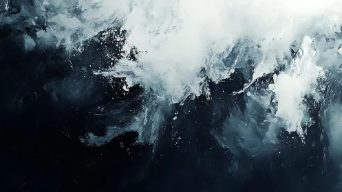 Abstract ocean waves in dark blue and white, expressive painting.