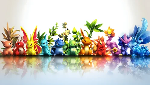 Row of colorful fantasy creatures rendered with leaf elements.