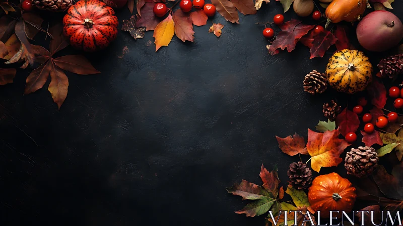 Autumnal still life frames dark slate surface with harvest