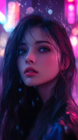 Neon rain portrait of pensive woman in cyber glow.