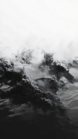 Moody black waves roll into soft white mist in gentle hush