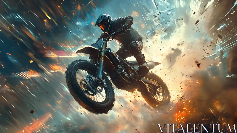 Motorcyclist launches through explosive urban firestorm