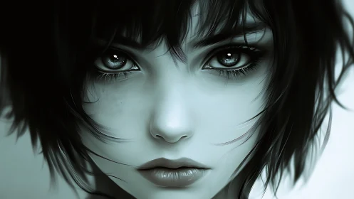 Monochrome digital portrait with hyper-detailed reflective eyes.