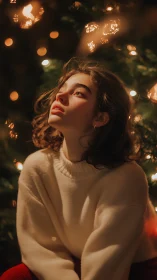 Warm bokeh portrait captures contemplative gaze in festive light