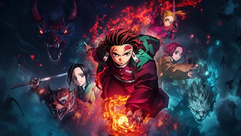 Flame-wreathed anime swordsman versus demonic spectral beasts.