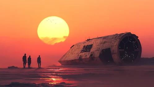 Explorers study crashed starship under intense desert sunset