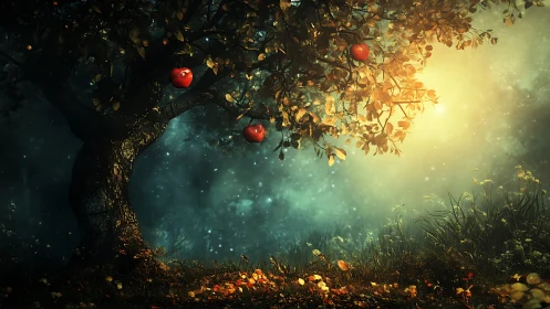Midnight orchard leans into starlight and cradles glowing apples