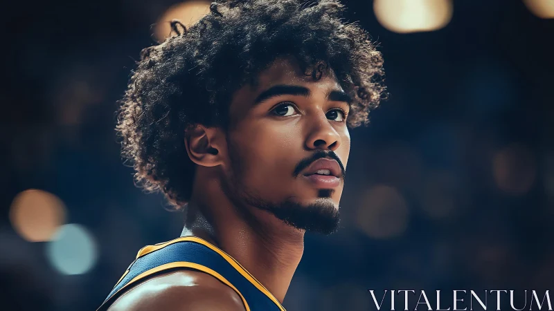 Arena-lit portrait of focused basketball guard in warm bokeh field.