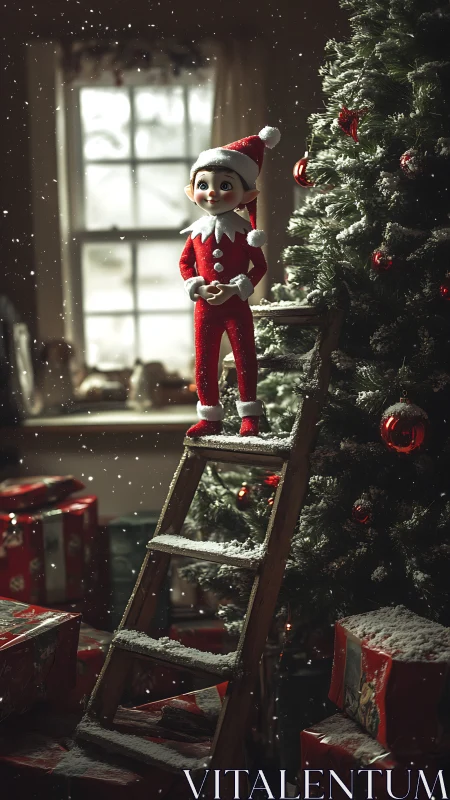 Tiny ladder elf pauses mid-mission beside the glowing tree