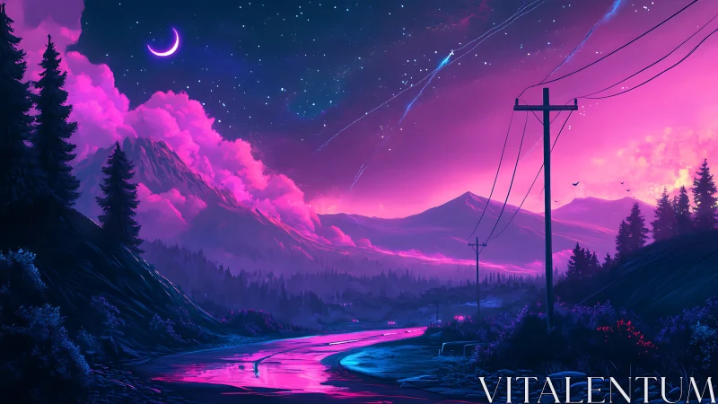 Neon dusk highway beneath a crescent moonlit cosmic sky.