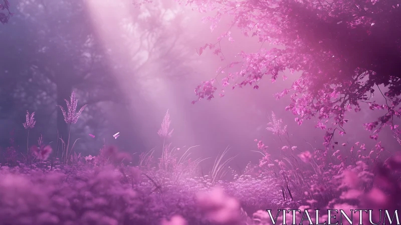 Dreamy pink forest glows softly under gentle morning light