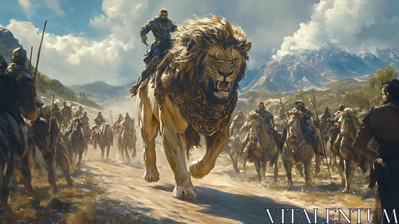 Mounted Warrior Leading Epic Cavalry Through Mountain Valley.