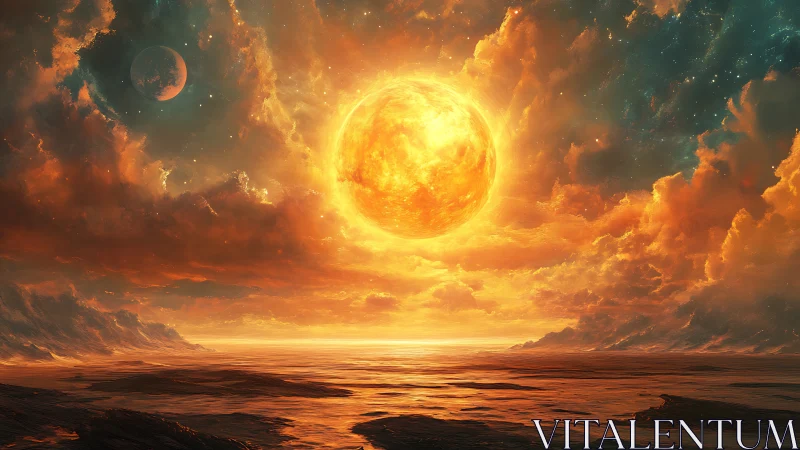 Alien sun over molten ocean under storm-torn skies.