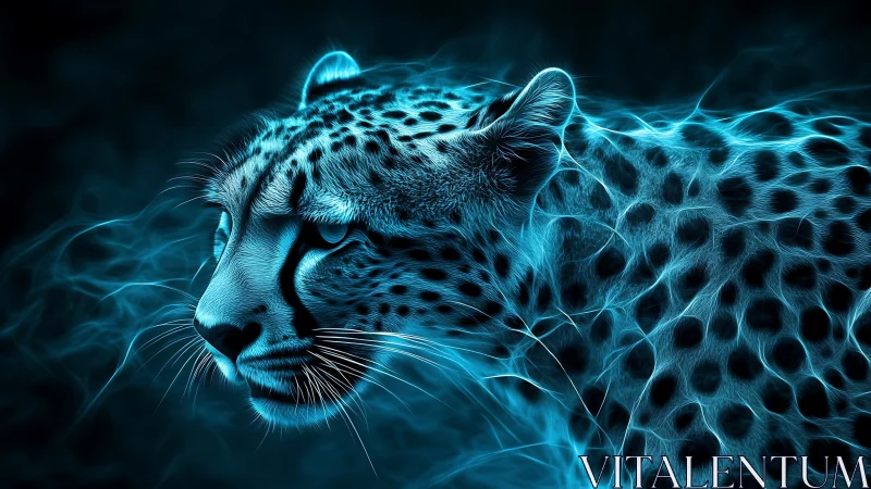 Leopard rendered with electric blue luminescent effects.