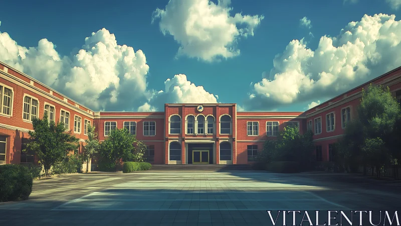 Symmetrical red brick school courtyard under cumulus sky
