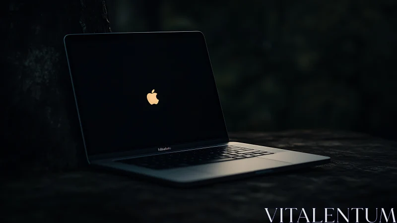 Sleek laptop with glowing logo in moody low light scene.