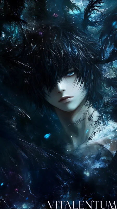 Enigmatic dark-haired figure emerges from swirling shadowed ether.