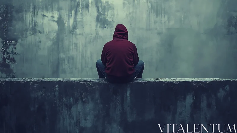 Solitary hooded figure brooding against a storm-stained wall.