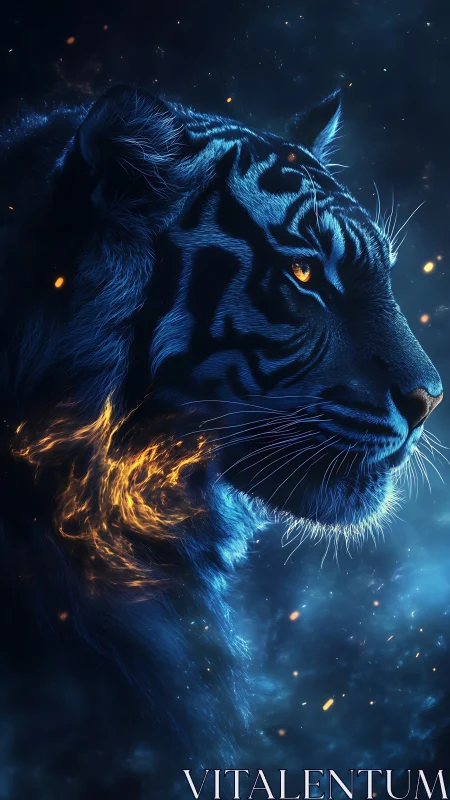 Side profile tiger portrait glows with blue light and fire
