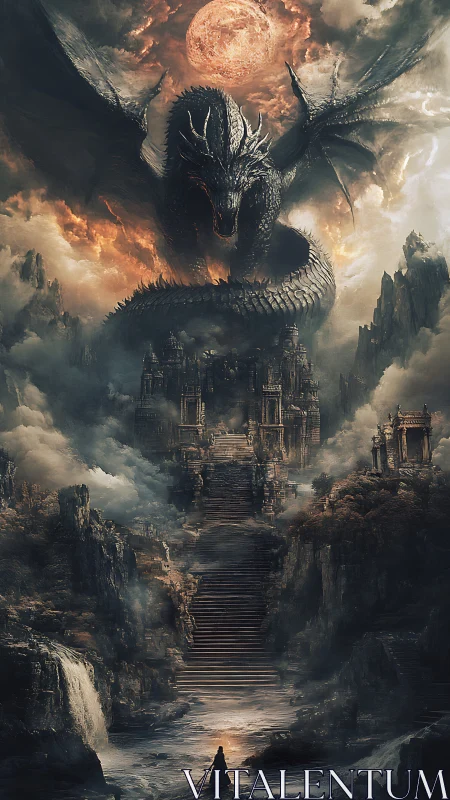 Volcanic sky wyrm guarding terraced citadel approach stairway.