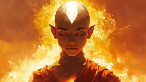 Volumetric fire aura encircling meditative arrow-marked monk.