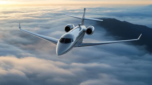 Swept wing business jet cruising above stratocumulus deck