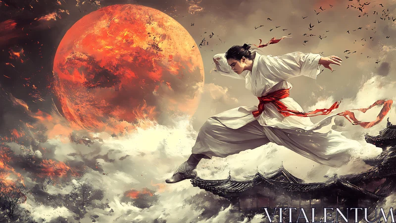 Martial artist executes aerial leap against eruptive crimson moon